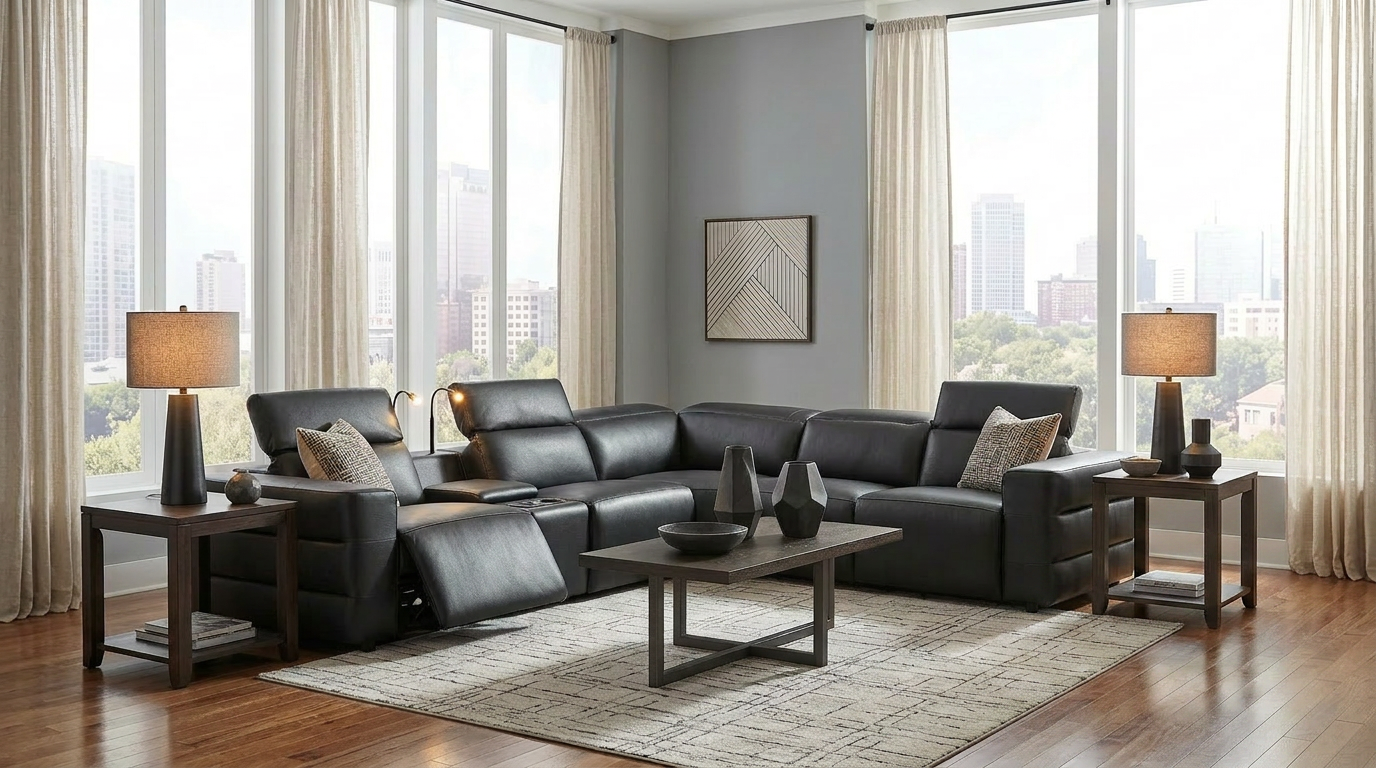 Holly Black Italian Leather 6-Piece Power Reclining Corner Sectional with Console from Ella Furniture