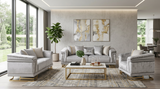Amalfi Grey Crushed Velvet Sofa and Loveseat Set with Gold Geometric Bases and Pillows room view