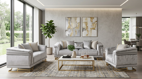 Amalfi Grey Crushed Velvet Sofa and Loveseat Set with Gold Geometric Bases and Pillows room view