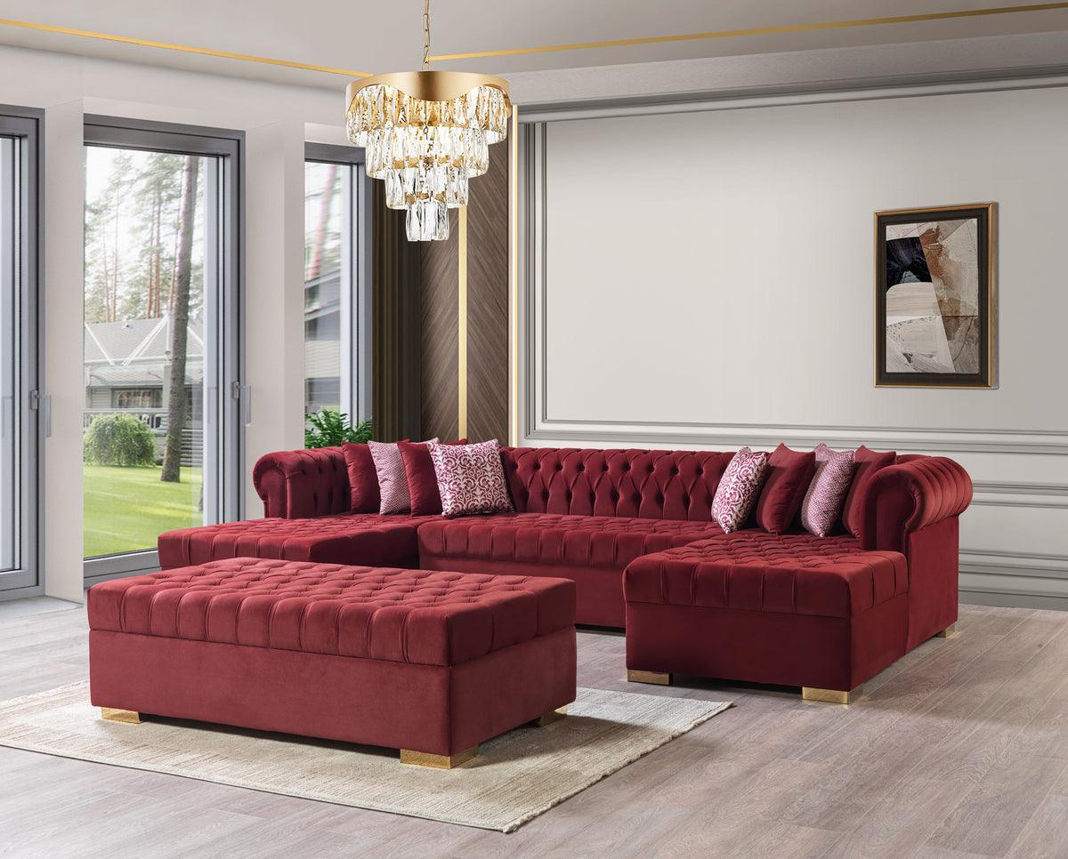 Emma Maroon Velvet Rectangle Ottoman - Ella Furniture