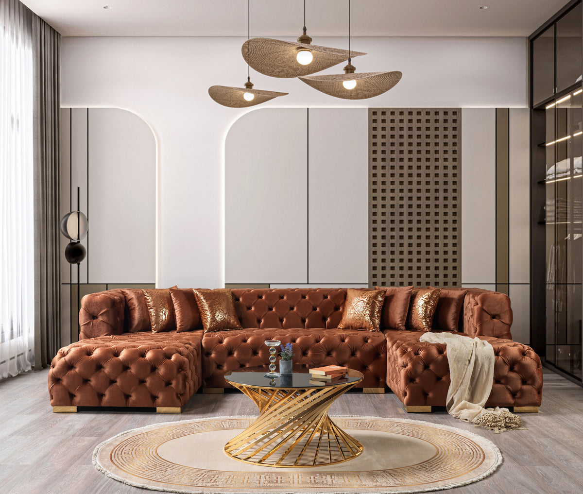 Seva Orange Velvet Double Chaise 138" Sectional