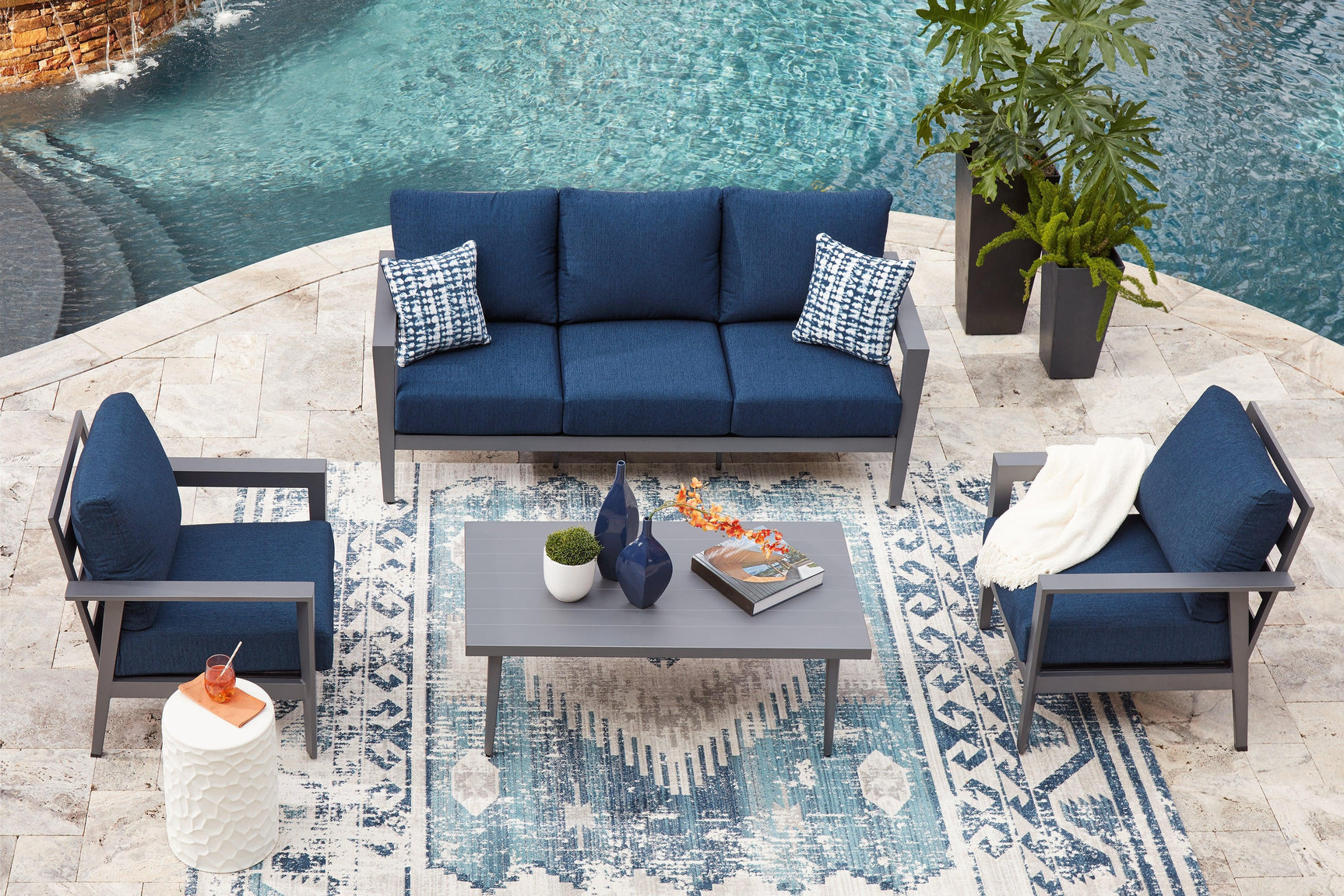Gali Gray/Blue Outdoor Sofa/Chairs/Table Set (Set of 4)