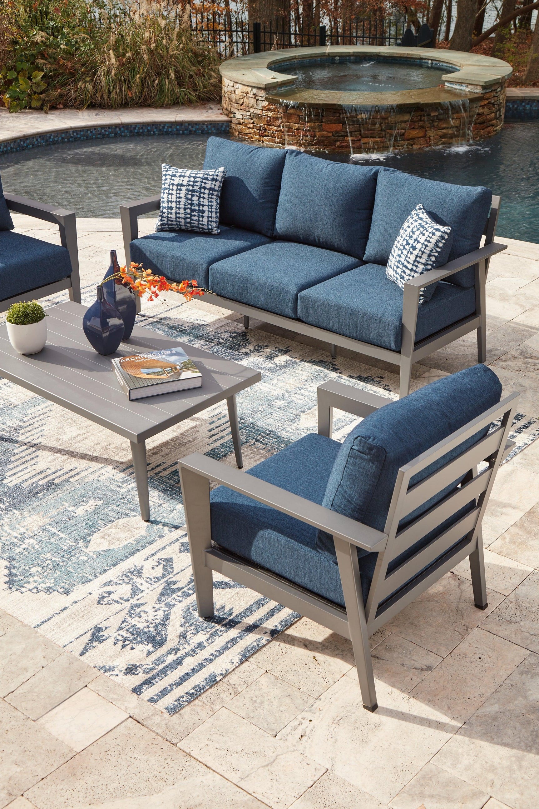 Gali Gray/Blue Outdoor Sofa/Chairs/Table Set (Set of 4)