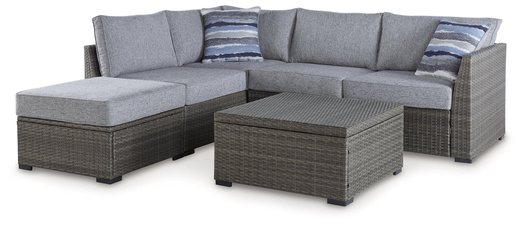 Petal Road Gray Outdoor Loveseat Sectional Set with Ottoman and Storage Table - Set of 4