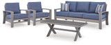 Half Blue/Gray Moon Beach Outdoor Sofa and 2 Chairs with Coffee Table