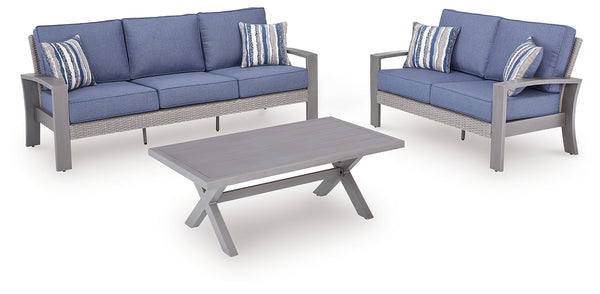 Half Blue/Gray Moon Beach Outdoor Sofa and Loveseat with Coffee Table