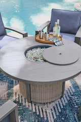 Half Gray Moon Beach Outdoor Fire Pit Table and 4 Chairs