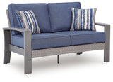 Half Blue/Gray Moon Beach Outdoor Sofa and Loveseat with Coffee Table