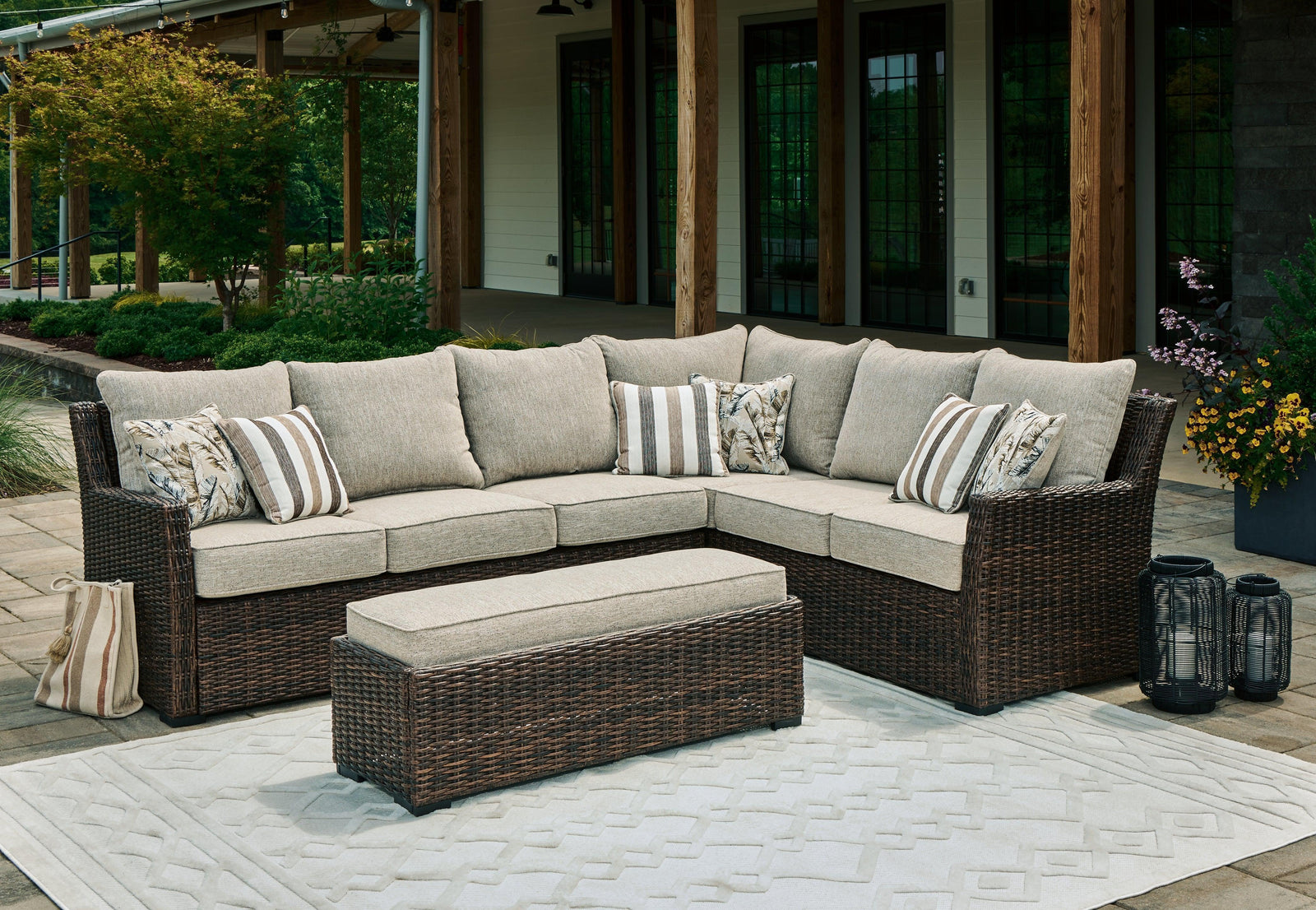 Brook Ranch Brown Outdoor Sofa Sectional Bench With Cushion (Set of 3)
