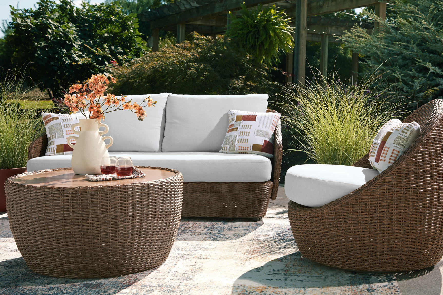 Double Beige Point Outdoor Sofa, Loveseat and 2 Lounge Chairs with Coffee Table