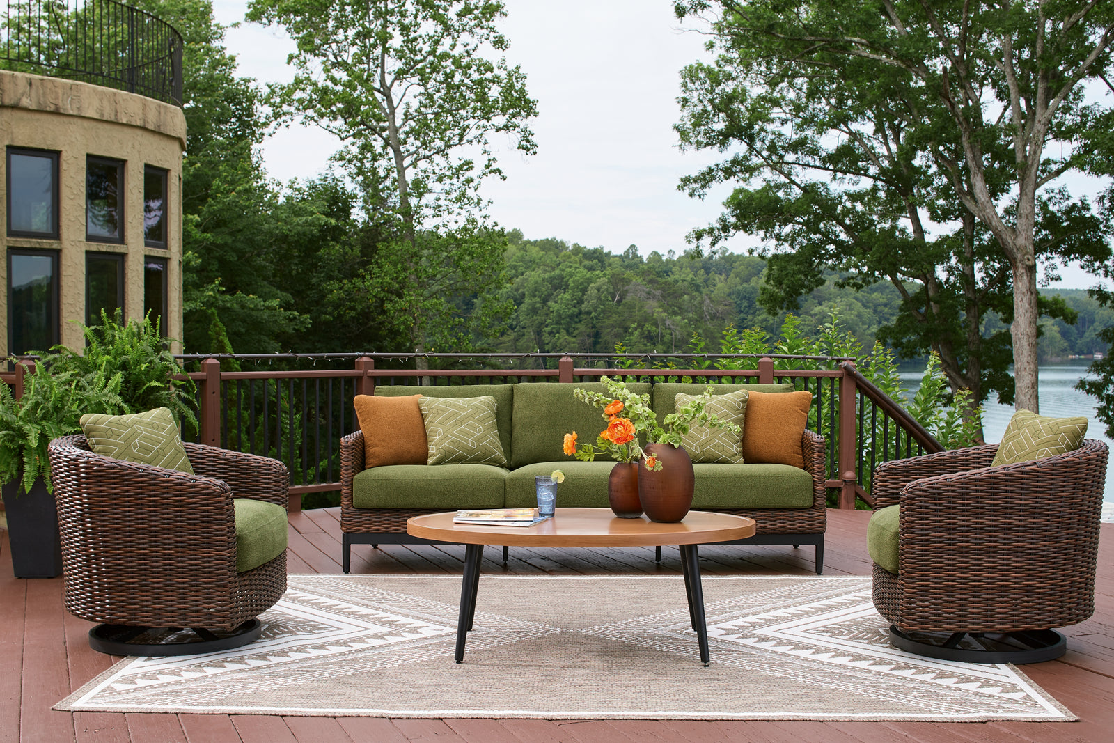Horizon Brown/Green Hall Outdoor Sofa with 2 Lounge Chairs