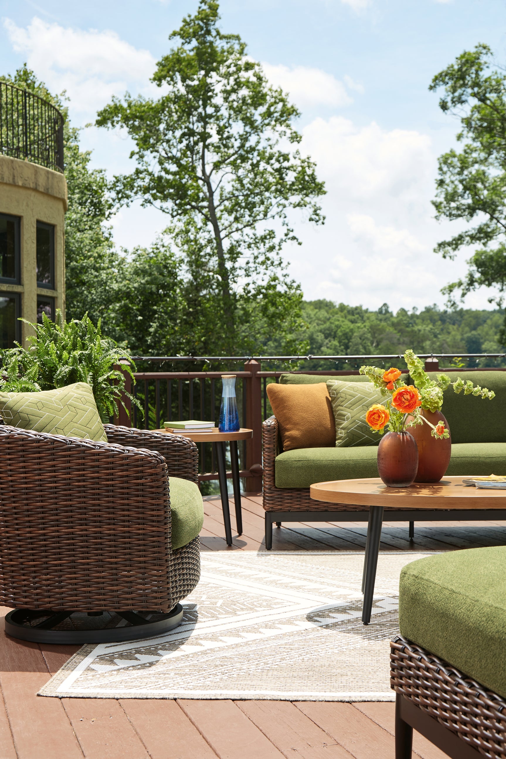 Horizon Brown/Green Hall Outdoor Sofa with 2 Lounge Chairs