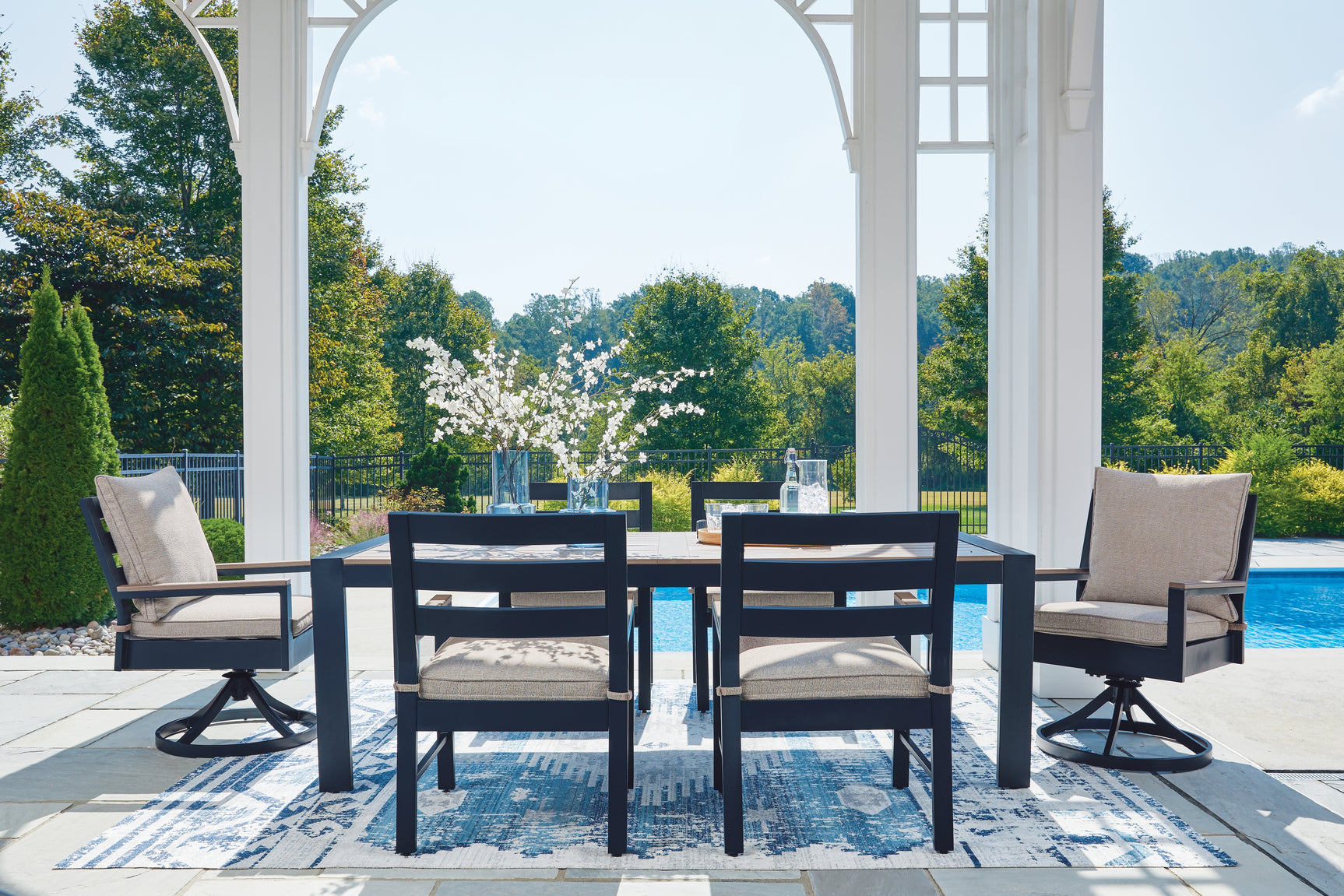 East Navy Blue/Driftwood Beach Outdoor Dining Table and 6 Chairs