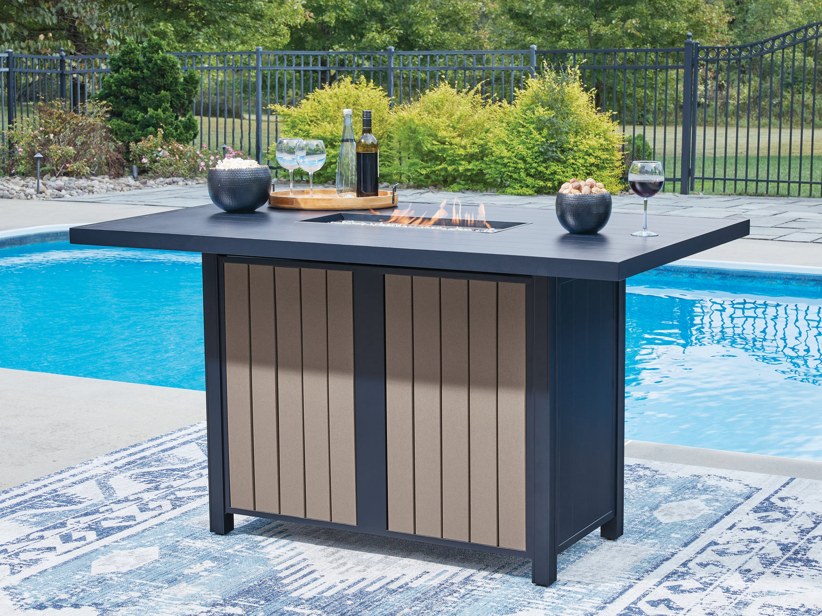 East Beach Navy Blue/Driftwood Outdoor Bar Table with Fire Pit