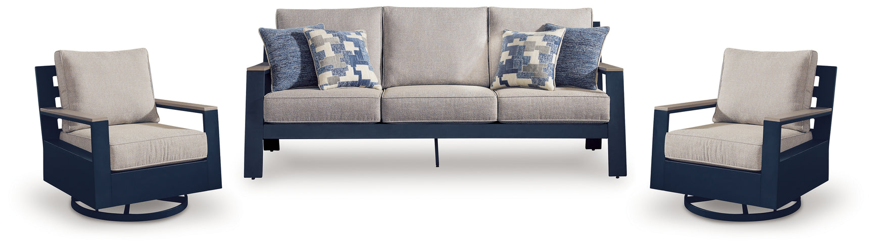 East Navy Blue/Driftwood Beach Outdoor Sofa with 2 Swivel Glider Chairs