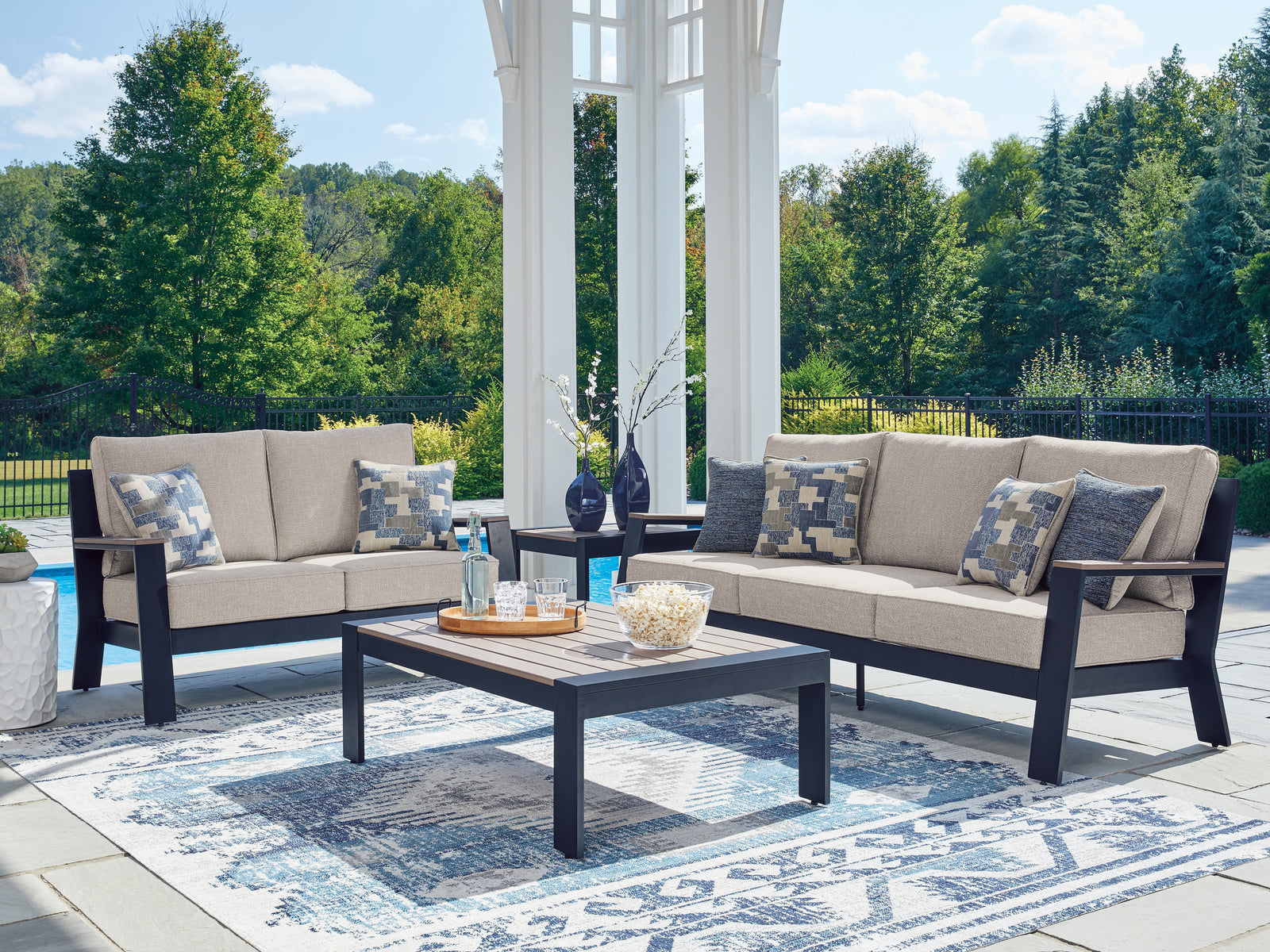 East Navy Blue/Driftwood Beach Outdoor Sofa and Loveseat with Coffee Table