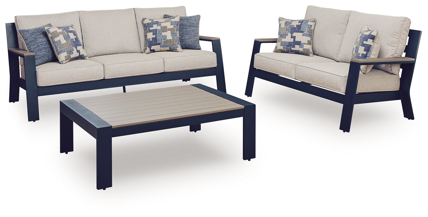 East Navy Blue/Driftwood Beach Outdoor Sofa and Loveseat with Coffee Table