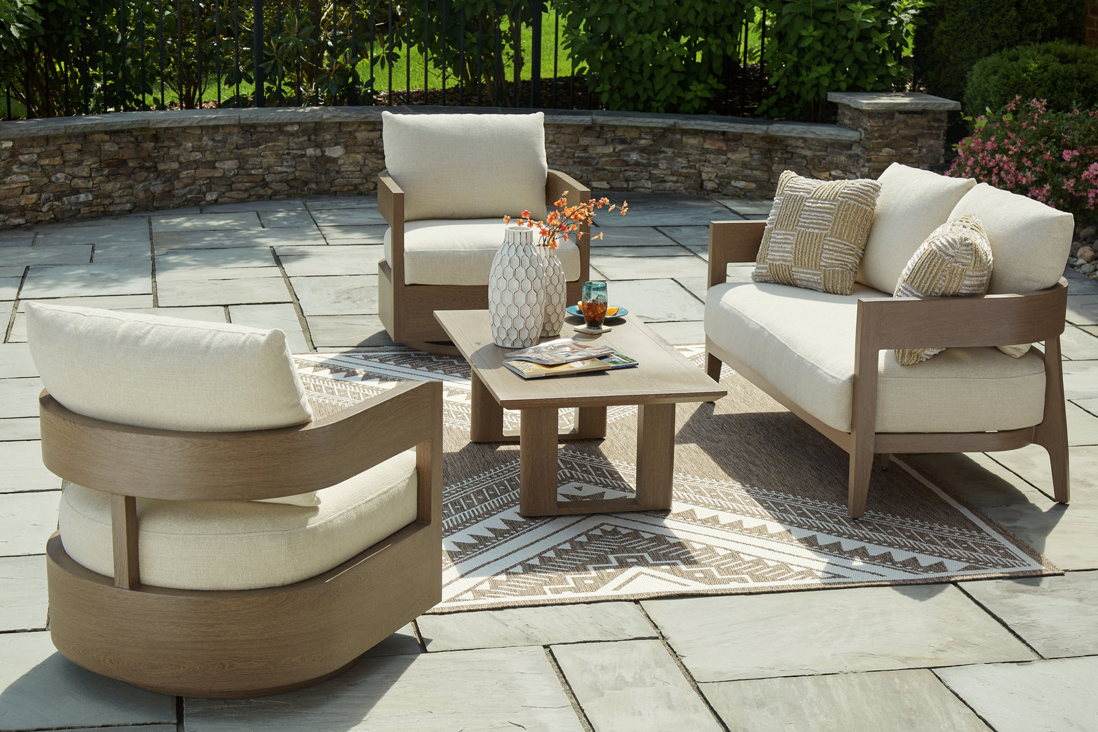 Serene Dark Brown/White Bay Outdoor Loveseat and 2 Chairs with Coffee Table
