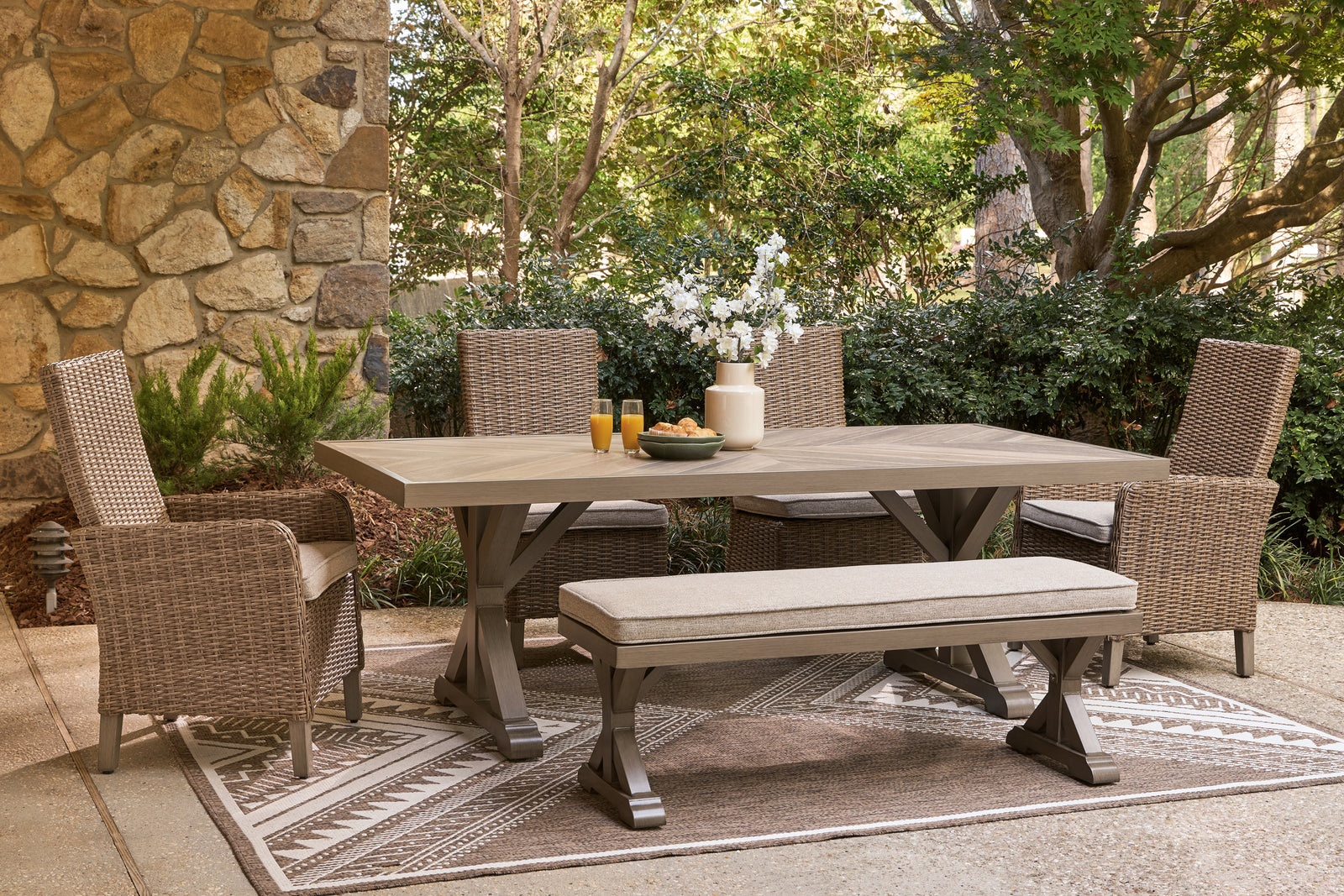 Laguna Beige Heights Outdoor Dining Table and 4 Chairs and Bench