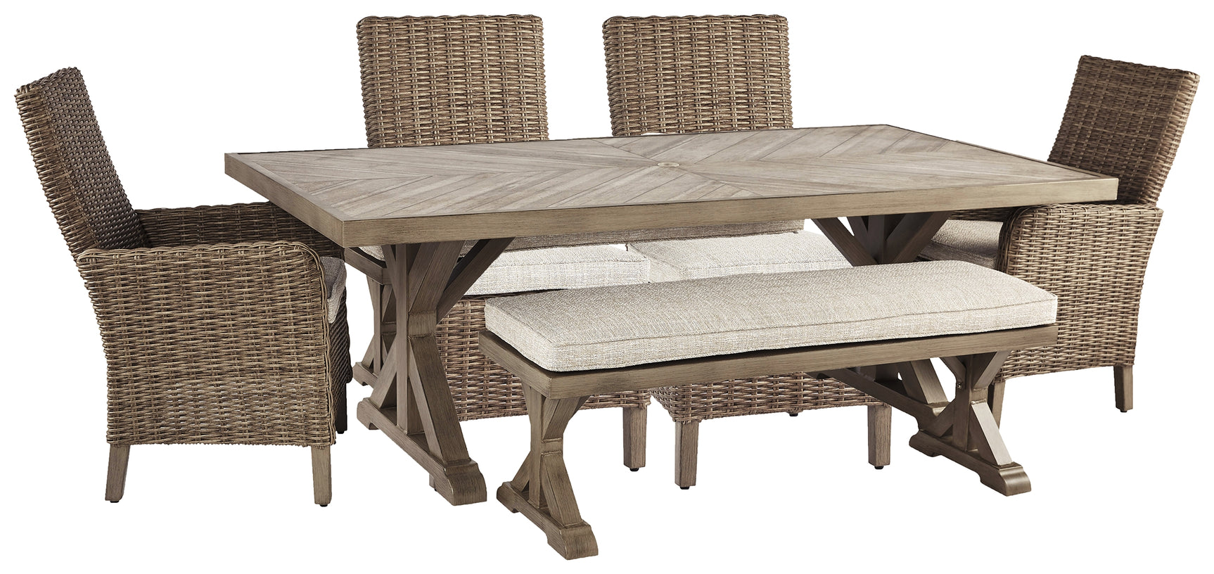 Beachcroft Beige Outdoor Dining Table And 4 Chairs Bench