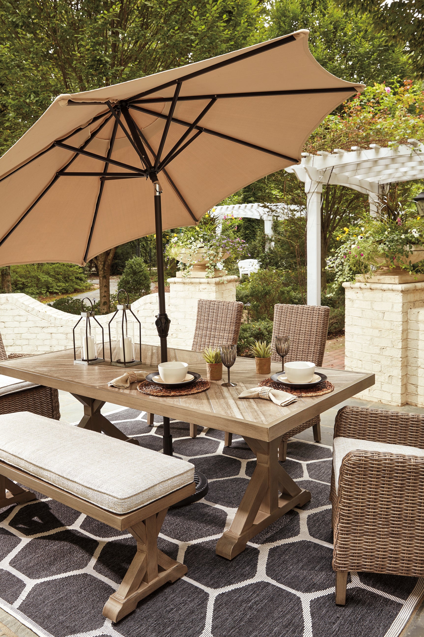 Beachcroft Beige Outdoor Dining Table And 4 Chairs Bench