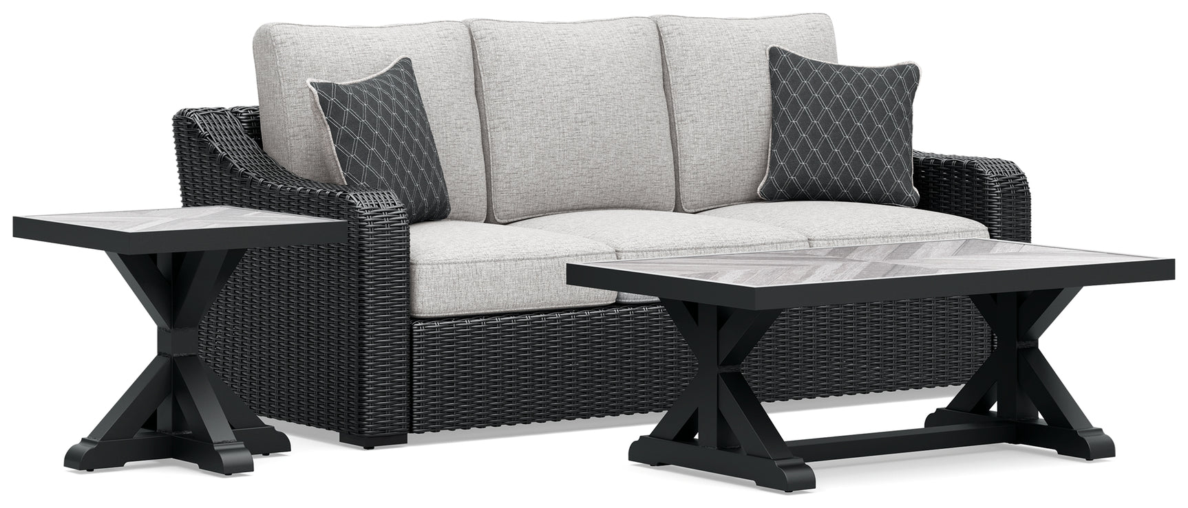 Beachcroft Black/Light Gray Outdoor Sofa with Coffee Table and End Table