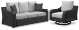Beachcroft Black/Light Gray Outdoor Sofa with 2 Lounge Chairs