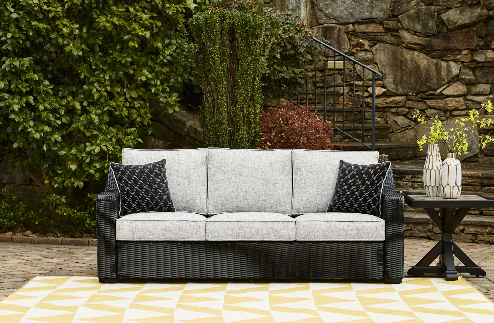 Beachcroft Black/Light Gray Outdoor Sofa with Coffee Table and End Table
