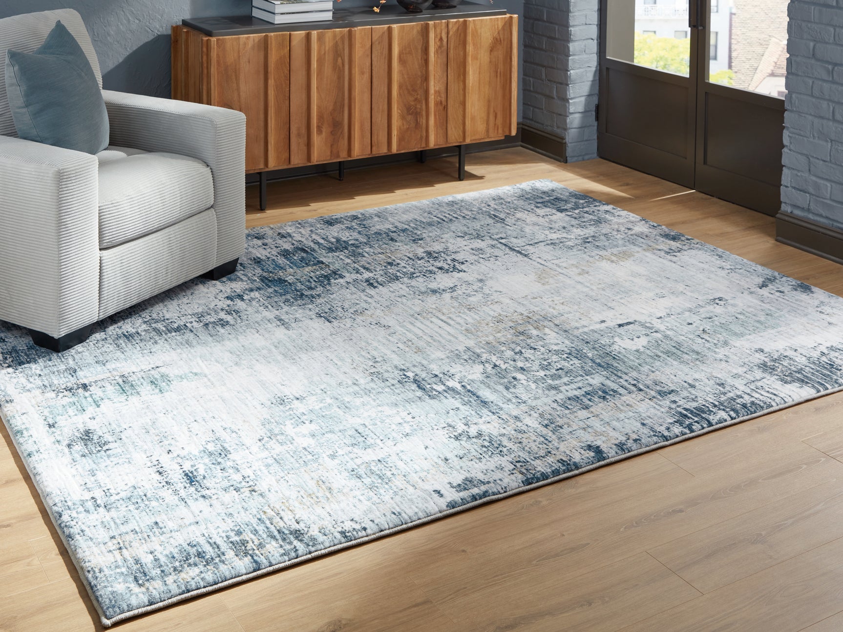 Arlenmont Blue/White/Brown 7'6" X 9'6" Memory Foam Area Rug