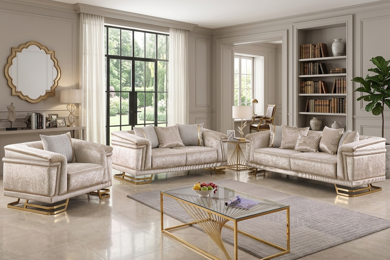 Amalfi Champagne Crushed Velvet Sofa and Loveseat Set with Gold Geometric Bases and Pillows from Ella Furniture
