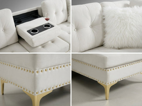 Joy II Beige Velvet Sectional with Gold Accents, Storage Ottoman, and Cupholder Table view 2