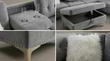 Joy II Grey Velvet Sectional with Gold Accents, Storage Ottoman, and Cupholder Table view 2