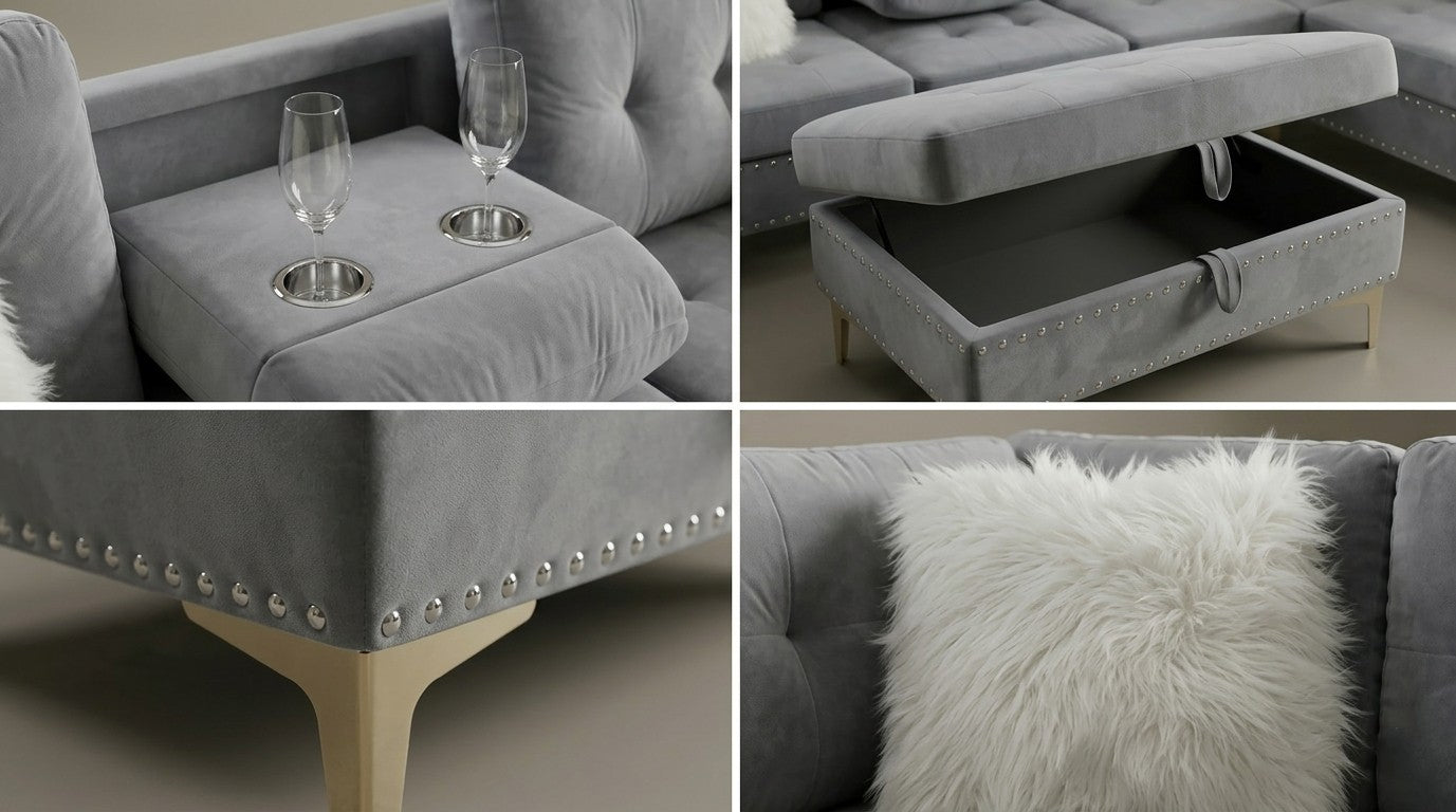 Joy II Grey Velvet Sectional with Gold Accents, Storage Ottoman, and Cupholder Table view 2