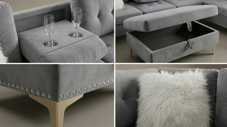 Joy II Grey Velvet Sectional with Gold Accents, Storage Ottoman, and Cupholder Table view 2