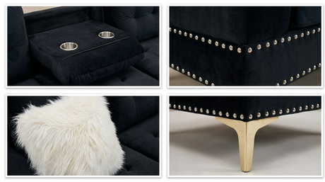 Joy II Black Velvet Sectional with Gold Accents, Storage Ottoman, and Cupholder Table view 2