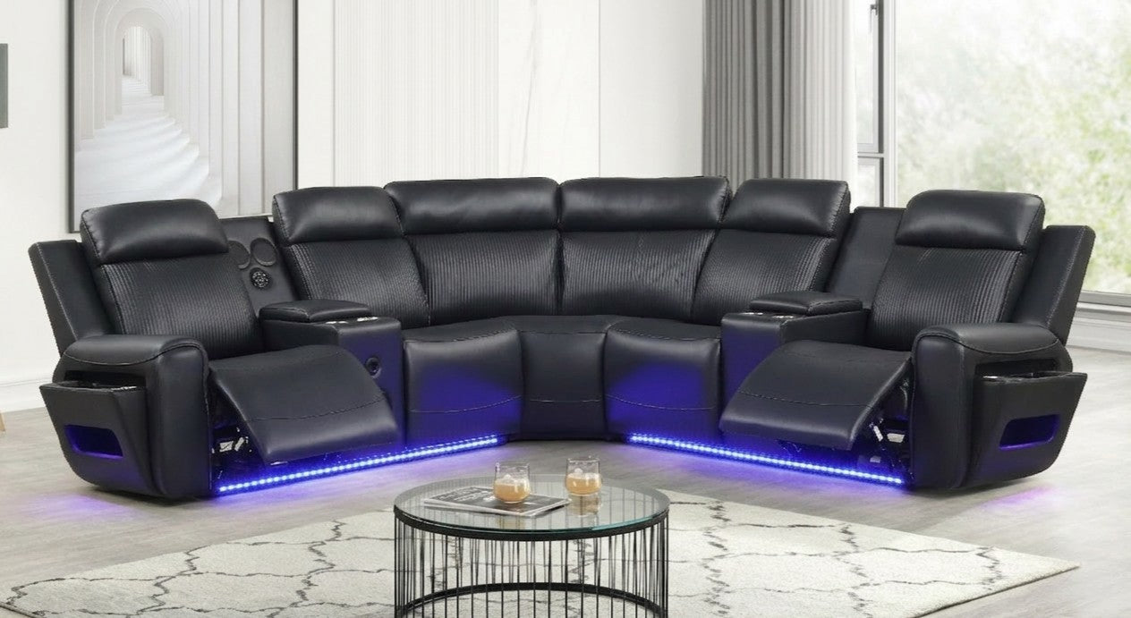 Galaxy Black Air Leather Reclining Sectional with Bluetooth Speakers and LED Lighting from Ella Furniture