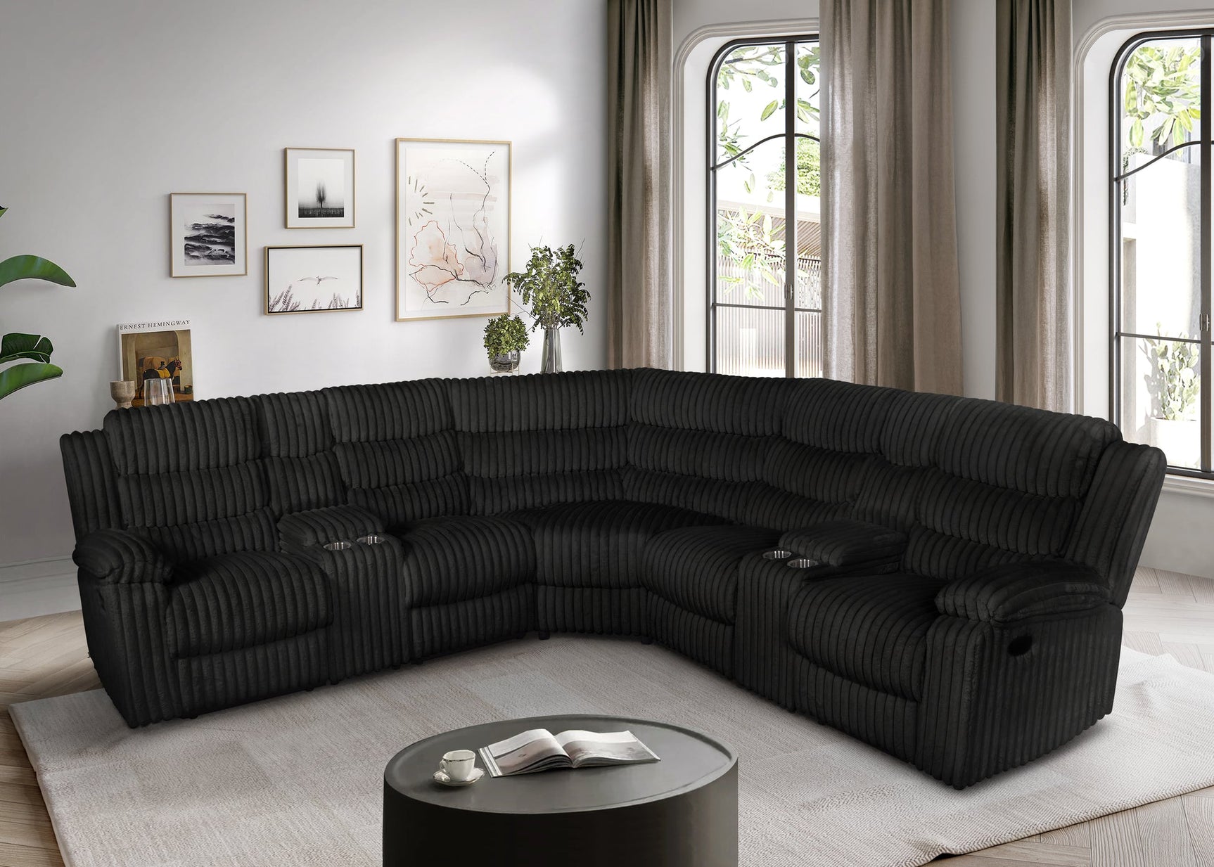 Calantha Black Corduroy Fabric Reclining Sectional