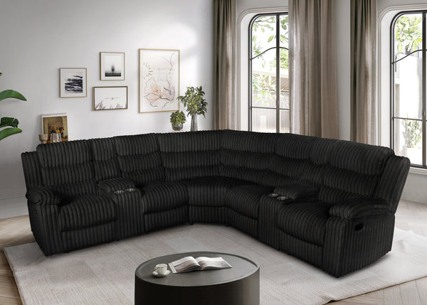Calantha Black Corduroy Fabric Reclining Sectional