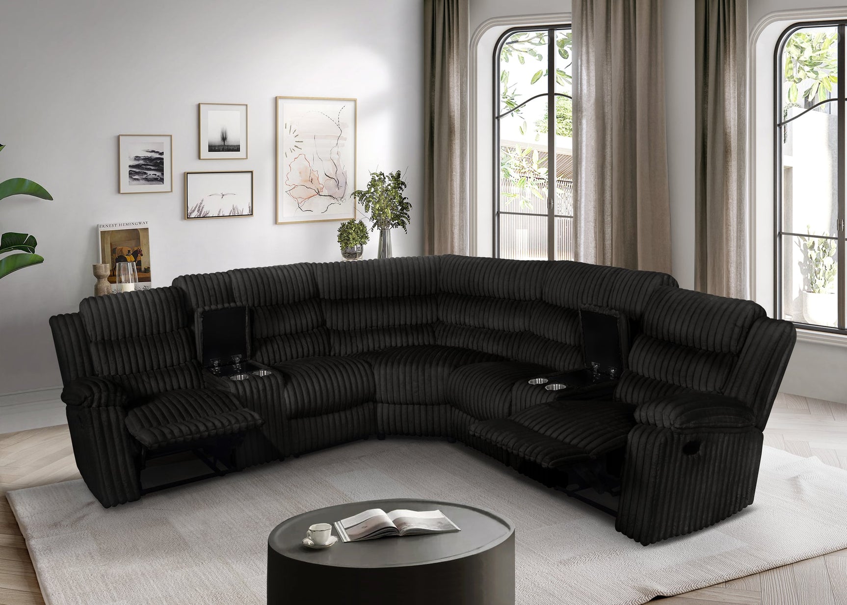 Calantha Black Corduroy Fabric Reclining Sectional