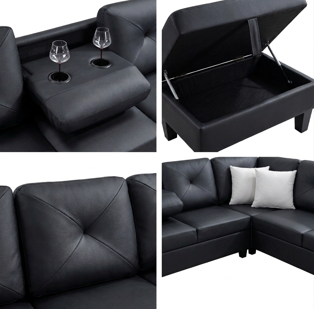 Star Black PU Sectional with Drop-Down Console and Storage Ottoman view 2
