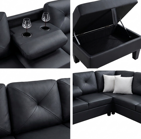 Star Black PU Sectional with Drop-Down Console and Storage Ottoman view 2