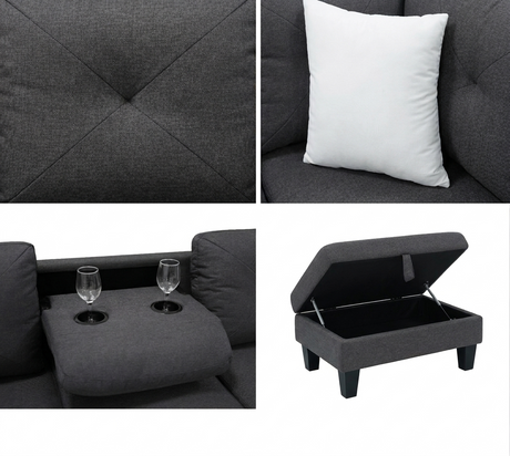 Star Dark Grey Fabric Sectional with Storage Ottoman and Drop-Down Table view 2