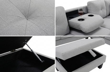 Star Light Grey Fabric Sectional with Storage Ottoman and Drop-Down Table view 2