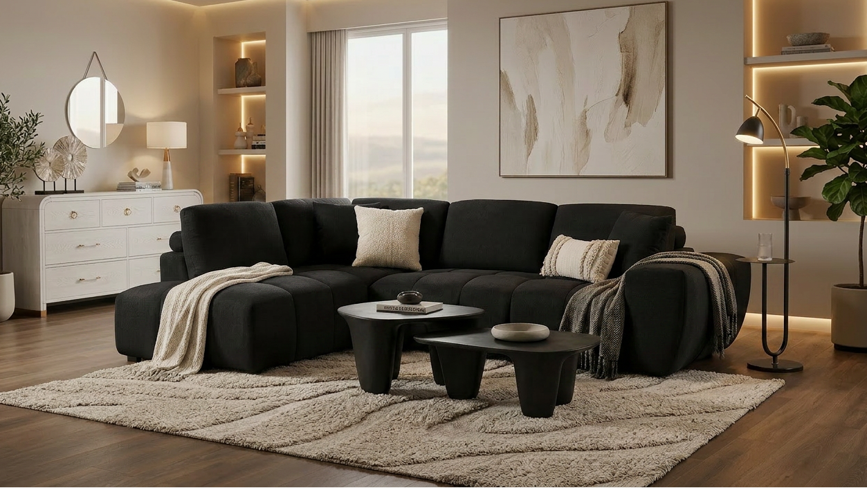 Uptown Black 2-Piece Fabric Sectional Sofa with Vertical Channeling from Ella Furniture
