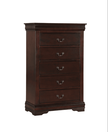 Louis Philip Chest Cherry, Sleek And Modern Wood And Veneers, Pewter Bail 5 Drawers - Ella Furniture
