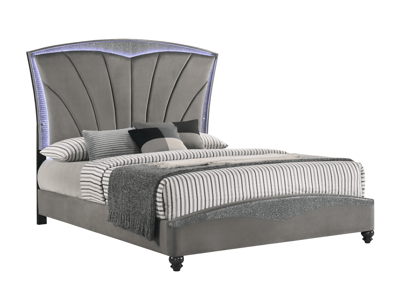 Frampton Gray Sleek And Modern Queen LED Velvet Upholstered Panel Bed - Ella Furniture