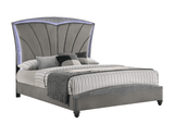 Frampton Gray Modern And Sleek King LED Velvet Upholstered Panel Bed - Ella Furniture