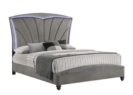 Frampton Gray Modern And Sleek King LED Velvet Upholstered Panel Bed - Ella Furniture