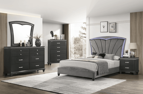 Frampton Gray Modern And Sleek King LED Velvet Upholstered Panel Bed - Ella Furniture