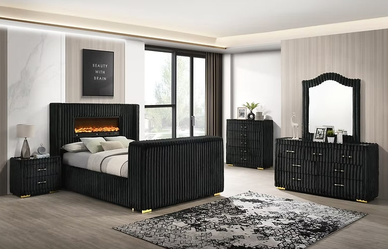 Henley Black Upholsterd Fireplace TV Panel Bedroom Set